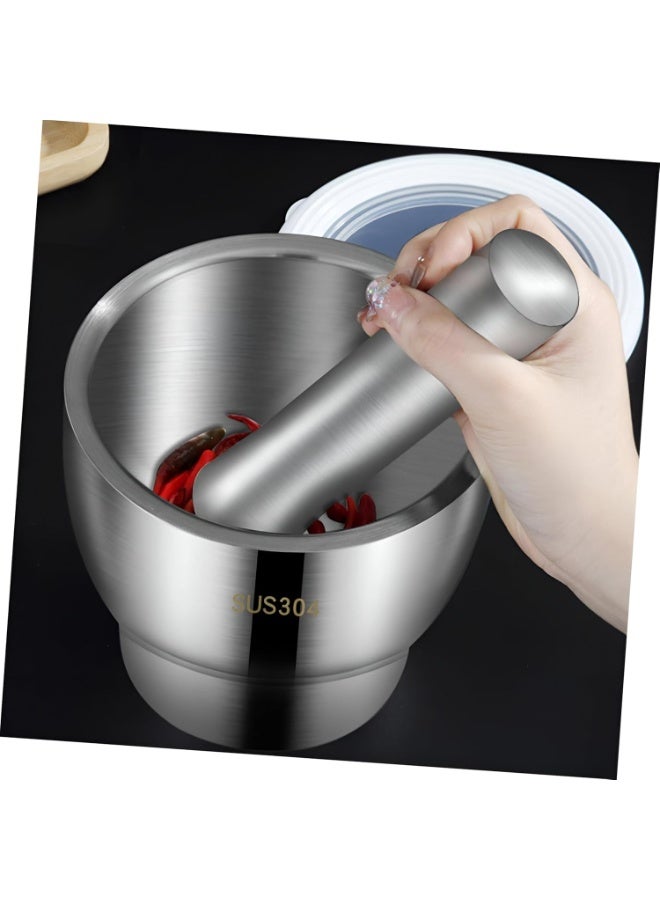 هاون ومدقة من الفولاذ المقاوم للصدأ، مطحنة مطبخ صلبة مصبوبة مع غطاء وقاعدة ثابتة لسحق التوابل والأعشاب والثوم يوميًا - Image 4